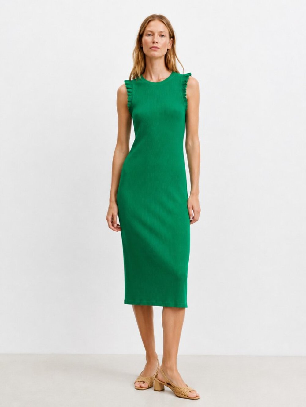 Zara Green Ribbed Midi Dress Size M